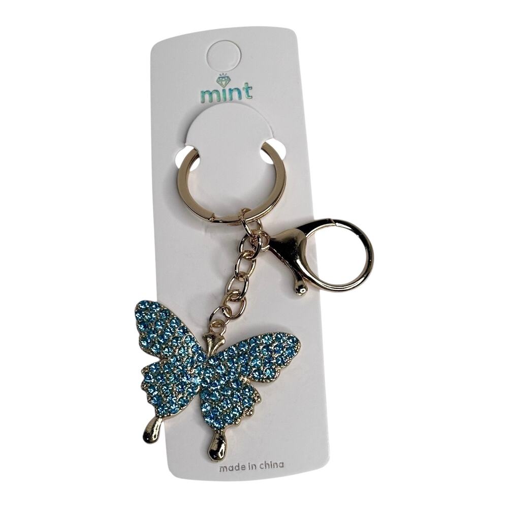 Mint Rhinestone Butterfly Bag Charm Blue Crystal Key Chain Ring Backpack Purse - Picture 5 of 5